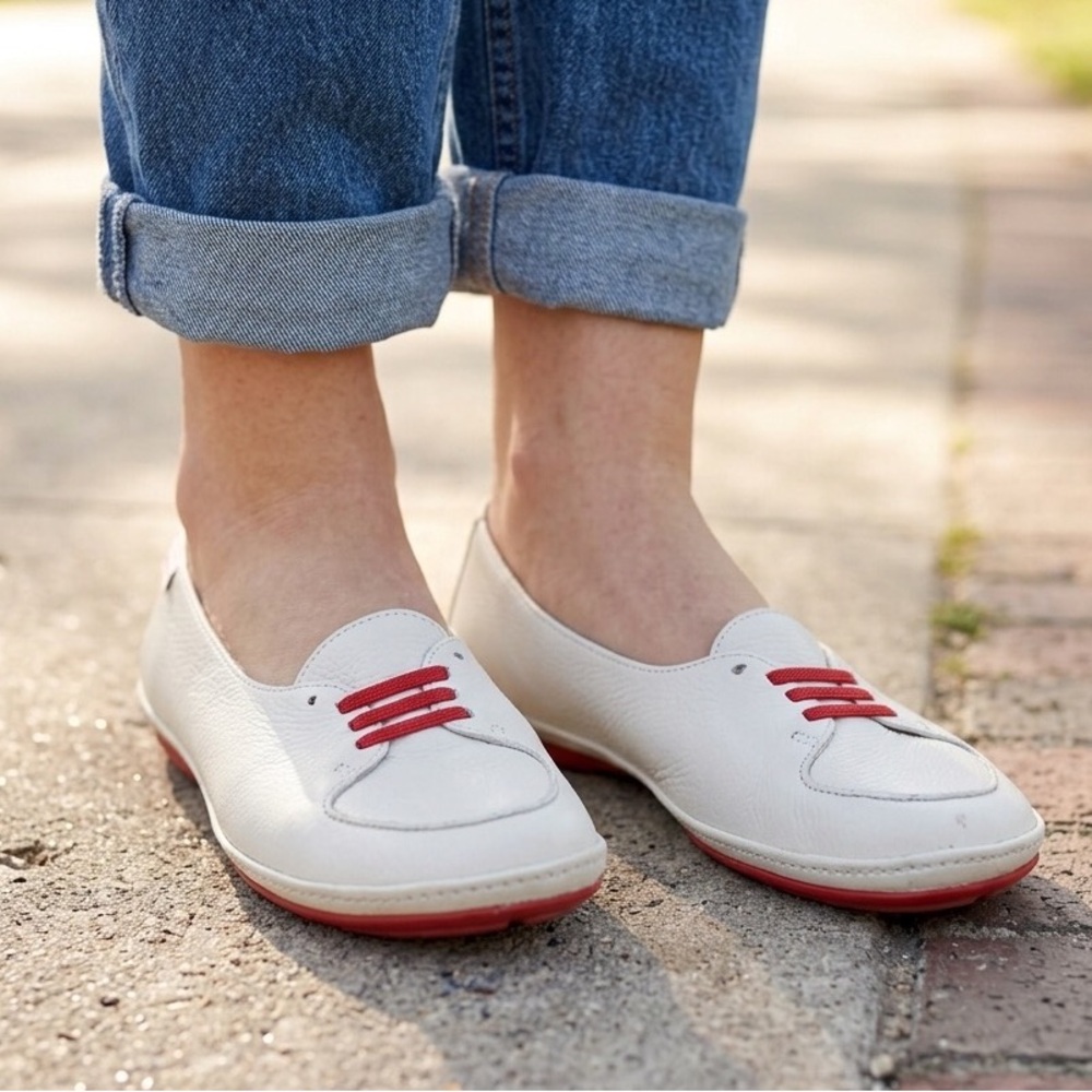 Camper Flexibility Right Nina White Leather Ballet Flats With Red Laces Size 38